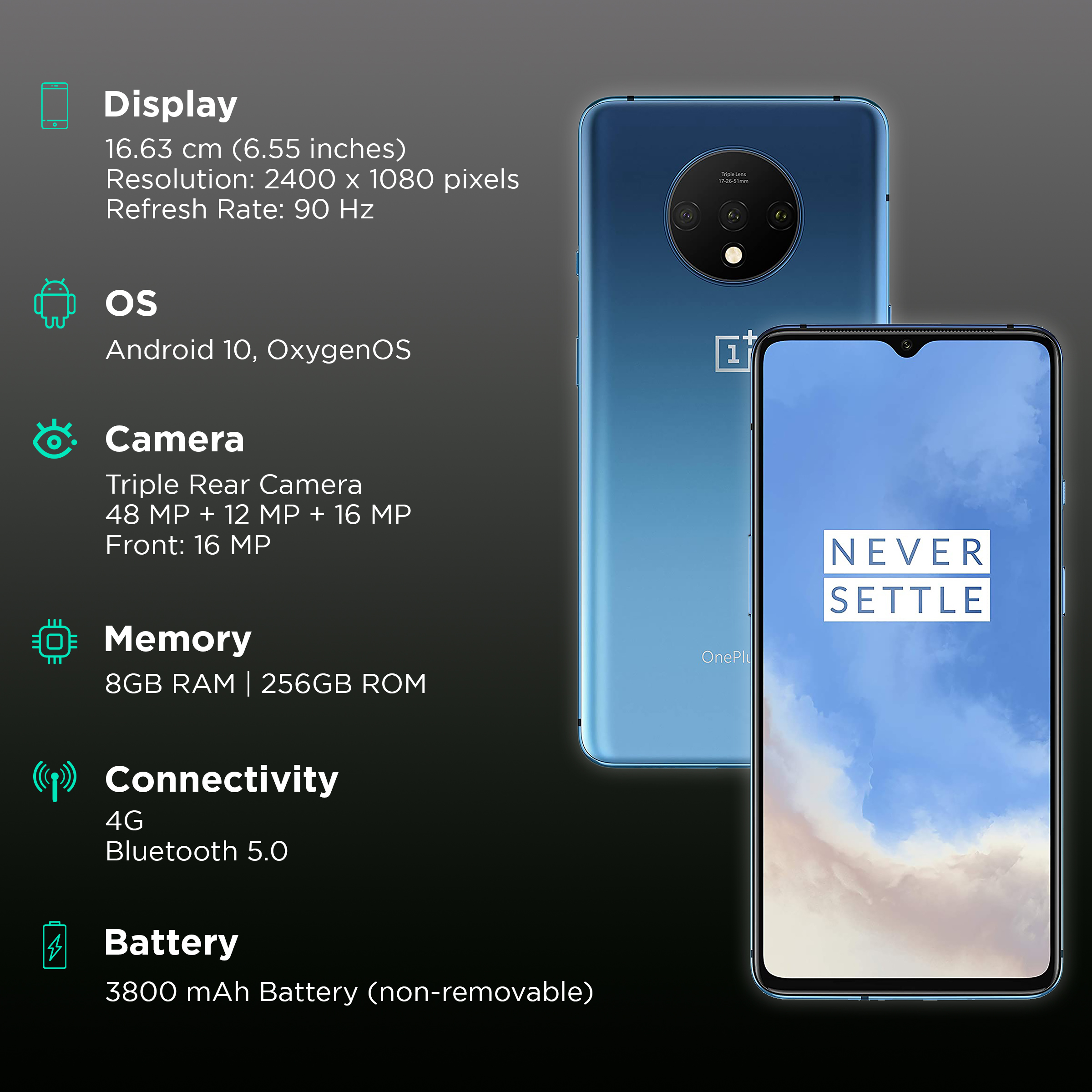 Buy Refurbished OnePlus 7T (8GB RAM, 256GB, Glacier Blue) Online